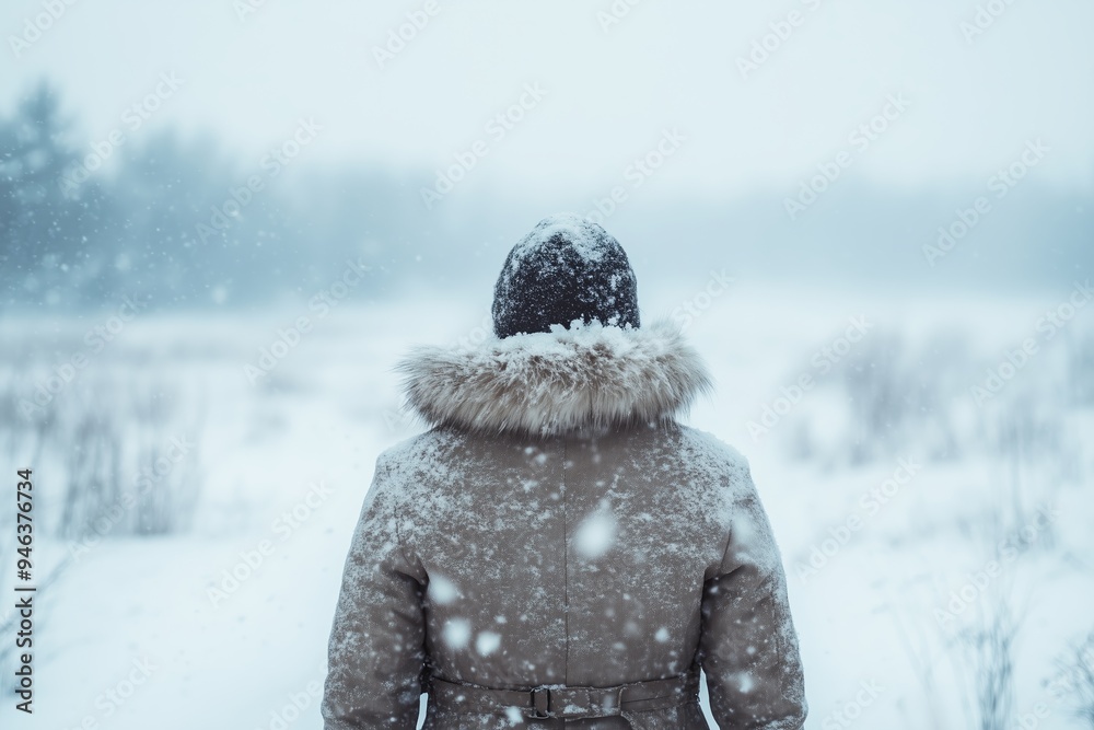 Poster Person in a winter coat stands in a snowy landscape during snowfall, surrounded by a serene winter scene in a remote location