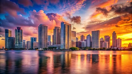 Fototapeta premium Vibrant orange and pink hues illuminate the Miami cityscape as the sun dips below the horizon, casting a warm glow on towering skyscrapers and calm waters.
