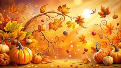 Naklejka premium Vibrant orange and yellow doodled leaves swirl around a whimsical fall scene, complete with acorns, pumpkins, and playful twirling vines on a warm, sunny background.