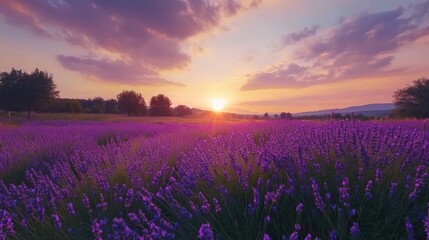 Fototapeta premium Amazing view of lavender fields with beautiful evening sky beauty nature background wallpaper AI generated image