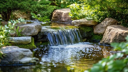 Fototapeta premium Zen garden with a small waterfall flowing into a pond, creating a calming sound.