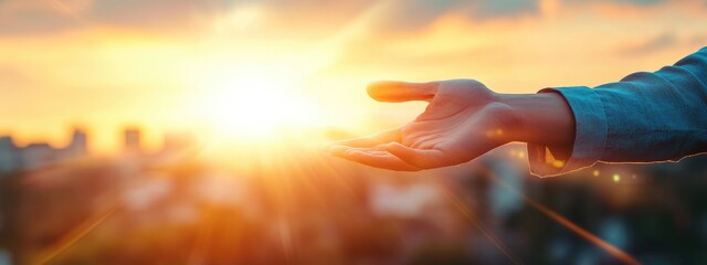 Jesus Christ's Hands Reaching Out at Sunrise, Inspirational Background with Copy Space for Your Message