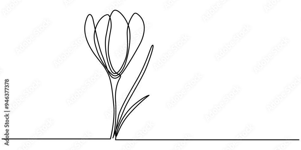 Sticker Group of spring crocus flowers in continuous line art drawing style. Black linear sketch on white background with flower heads coloring. Vector illustration, Spring Snowdrop Flower Single Line Drawing