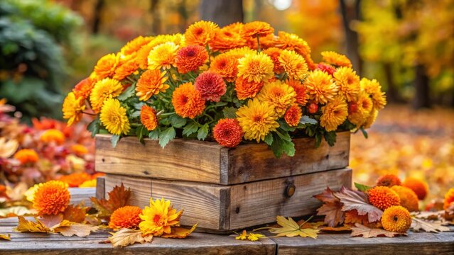 Vibrant orange and yellow mums overflow from a rustic wooden planter, surrounded by fallen leaves and twigs, evoking a cozy autumn afternoon in a lush garden.