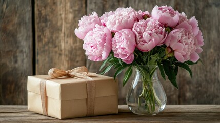 Bouquet of pink peonies in a clear vase, next to a beautifully wrapped gift box on a wooden table.