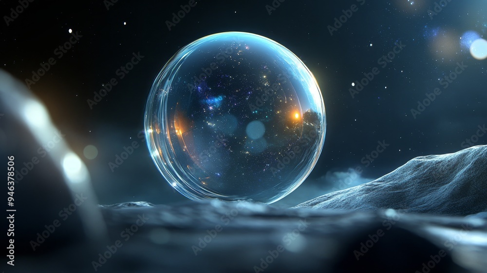 Poster A captivating visualization of a translucent bubble in space, symbolizing infinity, exploration, universe, serenity, and discovery