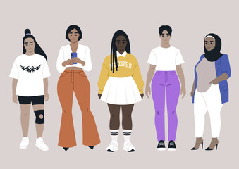 Obraz premium Five women stand side by side, each displaying their distinctive fashion choices and body types, Their outfits reflect a blend of cultures and personal styles, radiating empowerment and unity