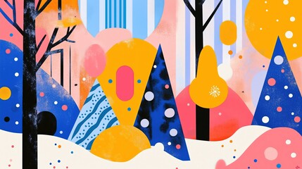 Obraz premium A vibrant Risograph-inspired abstract illustration showcasing a winter forest scene with geometric shapes and bright colors.