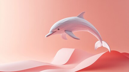 A charming 3D origami dolphin leaps gracefully over a stylized coral reef, representing joy, freedom, creativity, and the beauty of nature.