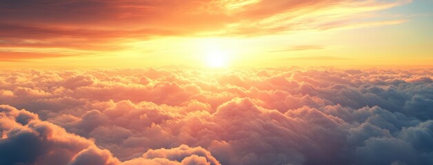 Golden Sunset Rays Illuminating Fluffy Clouds, Breathtaking View Across the Horizon Cloudscape background