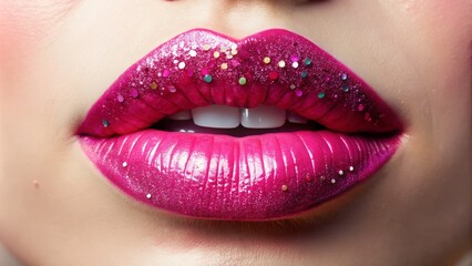 Obraz premium Vibrant pink lipstick with sparkly glitter on the lips, smudged and messy, on a pale skin tone, against a soft focus, pastel-colored background.