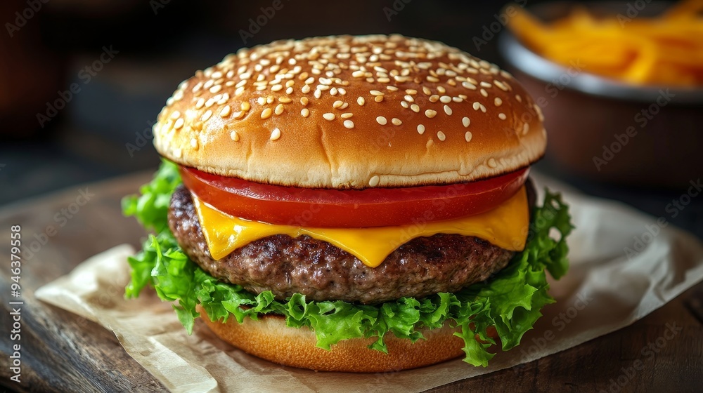 Sticker A classic cheeseburger with a juicy patty, melted cheese, fresh lettuce, and a ripe tomato. The burger is served on a sesame seed bun and is perfect for any burger lover.