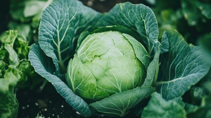 Fototapeta premium Close-up of a green cabbage head growing in a vegetable garden, surrounded by lush leaves and rich soil.