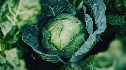 Obraz premium Close-up of a green cabbage head growing in a vegetable garden, surrounded by lush leaves and rich soil.