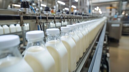 Obraz premium Milk Bottles Moving on a Conveyor Belt in a Factory