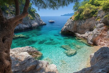 Turquoise lagoon framed by rocks and trees with yacht on the horizon