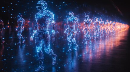 A captivating holographic projection of athletes participating in a live football match ignites excitement in a modern sports venue.