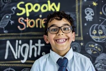 Delighted young scholar with a tie and glasses, in front of a chalkboard that says Spooky Stories Night