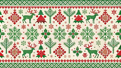 Vibrant red and green Nordic-inspired Christmas pattern featuring snowflakes, reindeer, and berries on a creamy white background, evoking cozy winter wonderland ambiance.