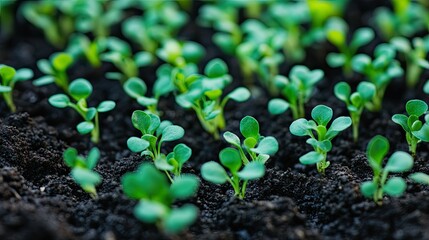 Close-up of vibrant green sprouts emerging from dark, fertile soil, representing new beginnings.