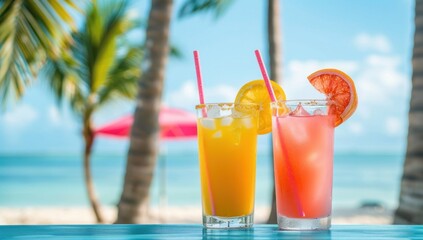 Two drinks with straws in them, one is orange and the other is pink. They are on a table by the ocean
