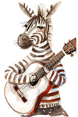 cute zebra play guitar illustration watercolor style