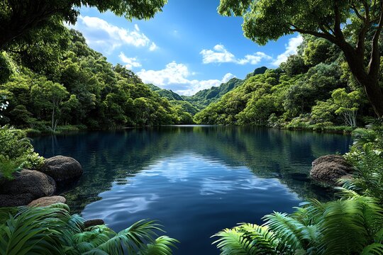 Lake in a secluded forest, depicted in an illustration that emphasizes the tranquility and isolation of the scene