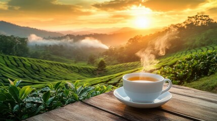 Cup of tea with steam rising, set on a table, with a sunset view of a lush tea plantation.