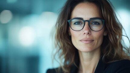 A confident woman wearing glasses and a black jacket, her hair slightly tousled, gazes directly at the camera, embodying professionalism and self-assurance.