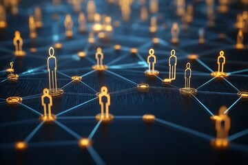 Glowing figures are interconnected through digital lines on a dark background, symbolizing community engagement and virtual networking in a modern society.