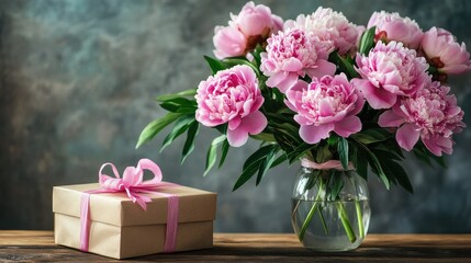 Delicate pink peonies arranged in a vase, with a gift box beside them on a wooden table.