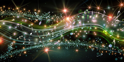 Obraz premium Harmonic scale, musical notes soar in the air filled with colour, light and sound. It is ideal for music concert posters, shows, reviews, concerts and performances. Background, wallpaper, card, banner