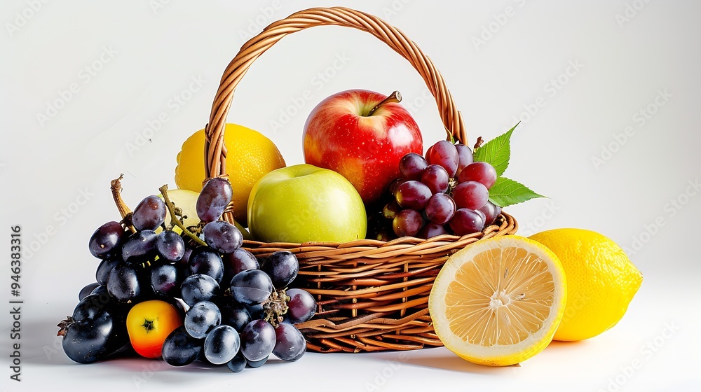 Poster packshot of a fruit basket containing three types of apple : generative ai