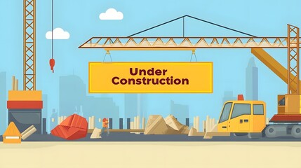 Fototapeta premium A cartoon illustration of a construction site with a crane, a worker, and a sign that says 'Under Construction'.