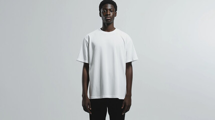 Young black man wearing white t shirt mockup posing in studio