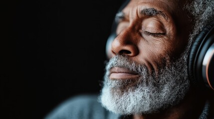 A grey-haired individual sports black headphones, immersed in music while sitting in a dimly lit setting, creating an intimate atmosphere focused on the auditory experience.