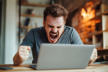 Angry annoyed caucasian business man sitting at workplace with laptop, screaming. Man receiving bad news, making a mistake