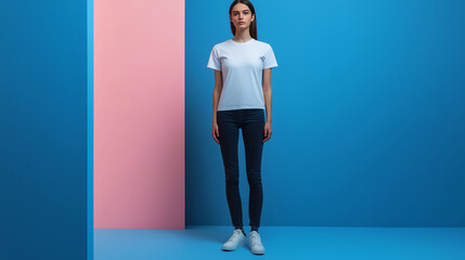 Young woman wearing white t shirt mockup posing on blue and pink background