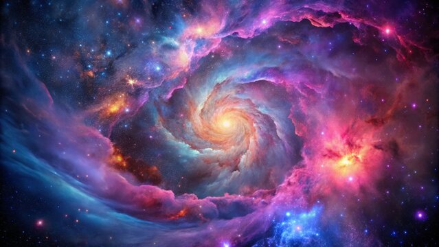 Vibrant, swirling nebula clouds of pink, purple, and blue gas fill the cosmos, illuminated by brilliant stars in a stunning, high-dynamic-range night sky.