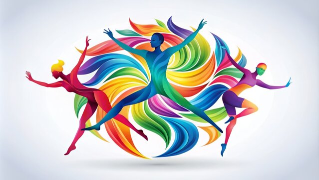 Vibrant, swirling patterns of colorful lights and shapes form a stylized, abstract logo, evoking the energy and movement of dynamic dance performances.