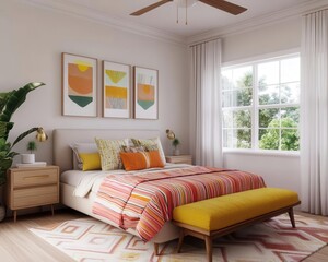 Bright and modern bedroom featuring colorful decor, natural light, and stylish furnishings for a relaxing atmosphere.