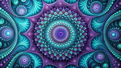 Vibrant turquoise and purple hues swirl in a mesmerizing dance, creating a hypnotic abstract pattern of undulating shapes and intricate geometric forms.