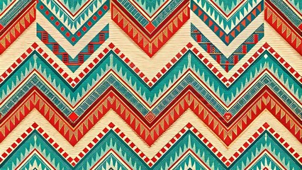 Vibrant tribal print featuring a bold herringbone pattern in shades of turquoise, red, and orange, set against a neutral beige background with subtle texture.
