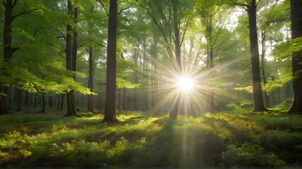 Obraz premium The sun is shining through the trees in the forest