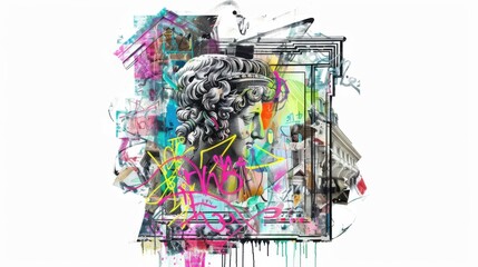 Renaissance portrait painted in oil on it neon graffiti on white background. Modern grunge y2k style print for t-shirt