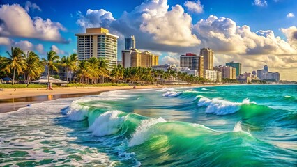 Vibrant turquoise ocean waves gently lap at the sun-kissed shoreline of Miami Beach, lined with palm trees and art deco buildings in South Florida.