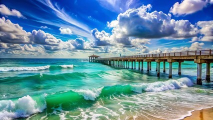 Obraz premium Vibrant turquoise waves gently lap against a vintage-inspired wooden pier, set against a bright blue sky with fluffy white clouds, evoking a sense of serene tranquility.