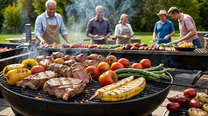 A sizzling summer barbecue scene featuring juicy meats and fresh vegetables being grilled to perfection on a smoky outdoor grill, ideal for a family dinner or a friendly gathering