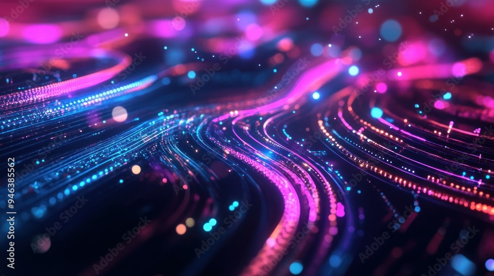 Poster abstract digital art with pink and blue glowing lines and bokeh effects