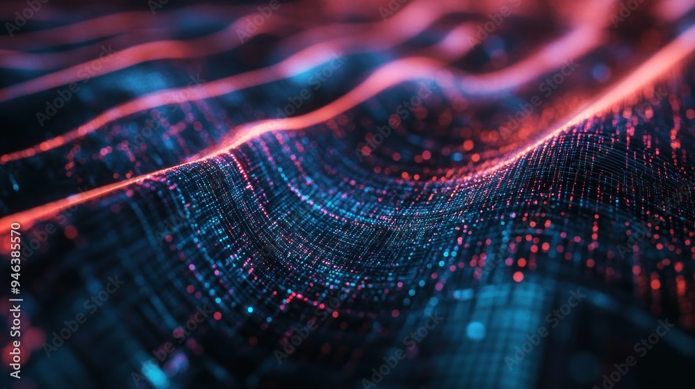 Poster abstract wavy pattern with red and blue lights